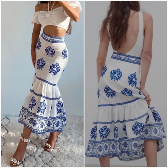 Zara Dresses & Skirts - Zara Embroidered Blue and White Midi Skirt